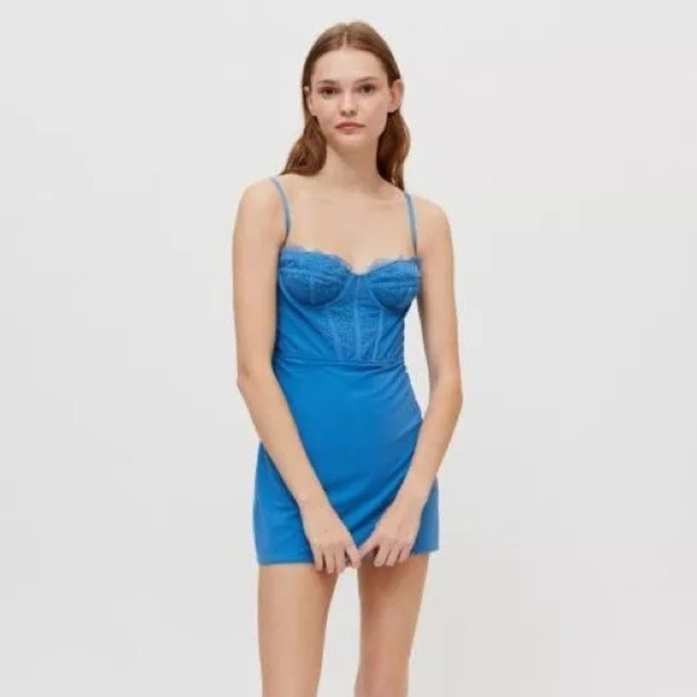 Y2K‎ URBAN OUTFITTERS Blue Lace Bustier Brenna Mini Dress Women's Size Large NWT